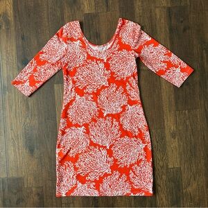 Persifor Red Coral Print Knee Length Dress Size M Stretch 3/4 Sleeve